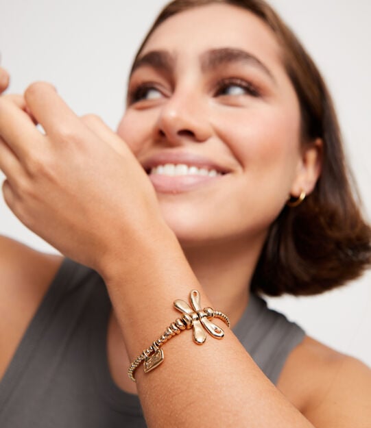 Elastic bracelet with 18K gold-plated dragonfly, Golden, large